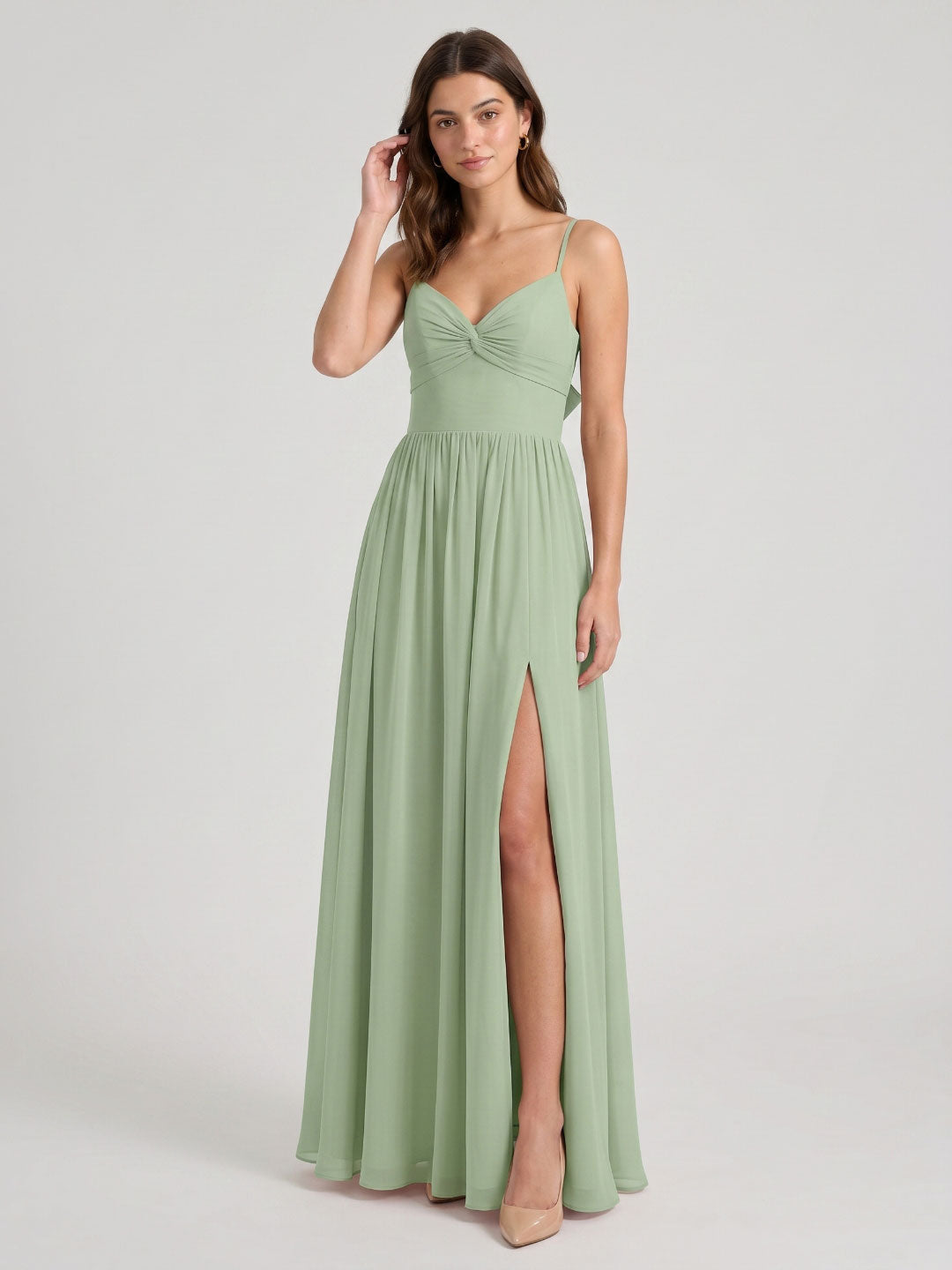 Dusty Sage Chiffon A-Line V-Neck Bow Back Floor-Length Bridesmaid Dress with Bow Detail - Curvevia