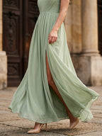 Dusty Sage Chiffon A-Line V-Neck Criss-Cross Straps Floor-Length Bridesmaid Dress with Pleating - Curvevia
