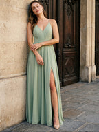 Dusty Sage Chiffon A-Line V-Neck Criss-Cross Straps Floor-Length Bridesmaid Dress with Pleating - Curvevia