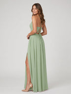 Dusty Sage Chiffon A-Line V-Neck Criss-Cross Straps Floor-Length Bridesmaid Dress with Pleating - Curvevia