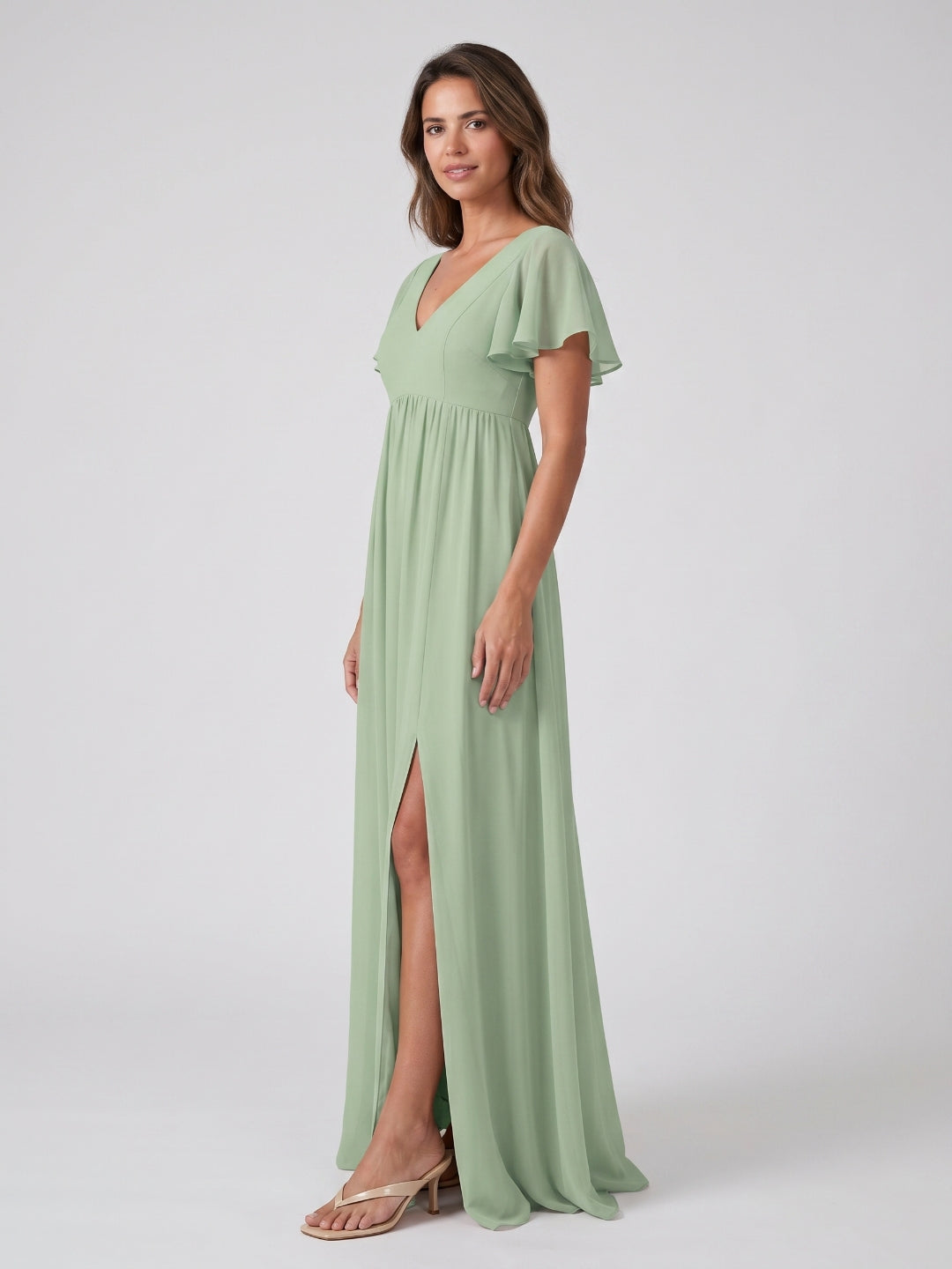Dusty Sage Chiffon A-Line V-Neck V-Back Floor-Length Bridesmaid Dress with Pleating - Curvevia