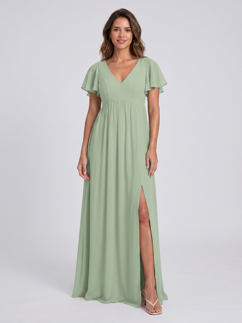 Dusty Sage Chiffon A-Line V-Neck V-Back Floor-Length Bridesmaid Dress with Pleating - Curvevia
