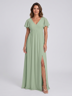 Dusty Sage Chiffon A-Line V-Neck V-Back Floor-Length Bridesmaid Dress with Pleating - Curvevia