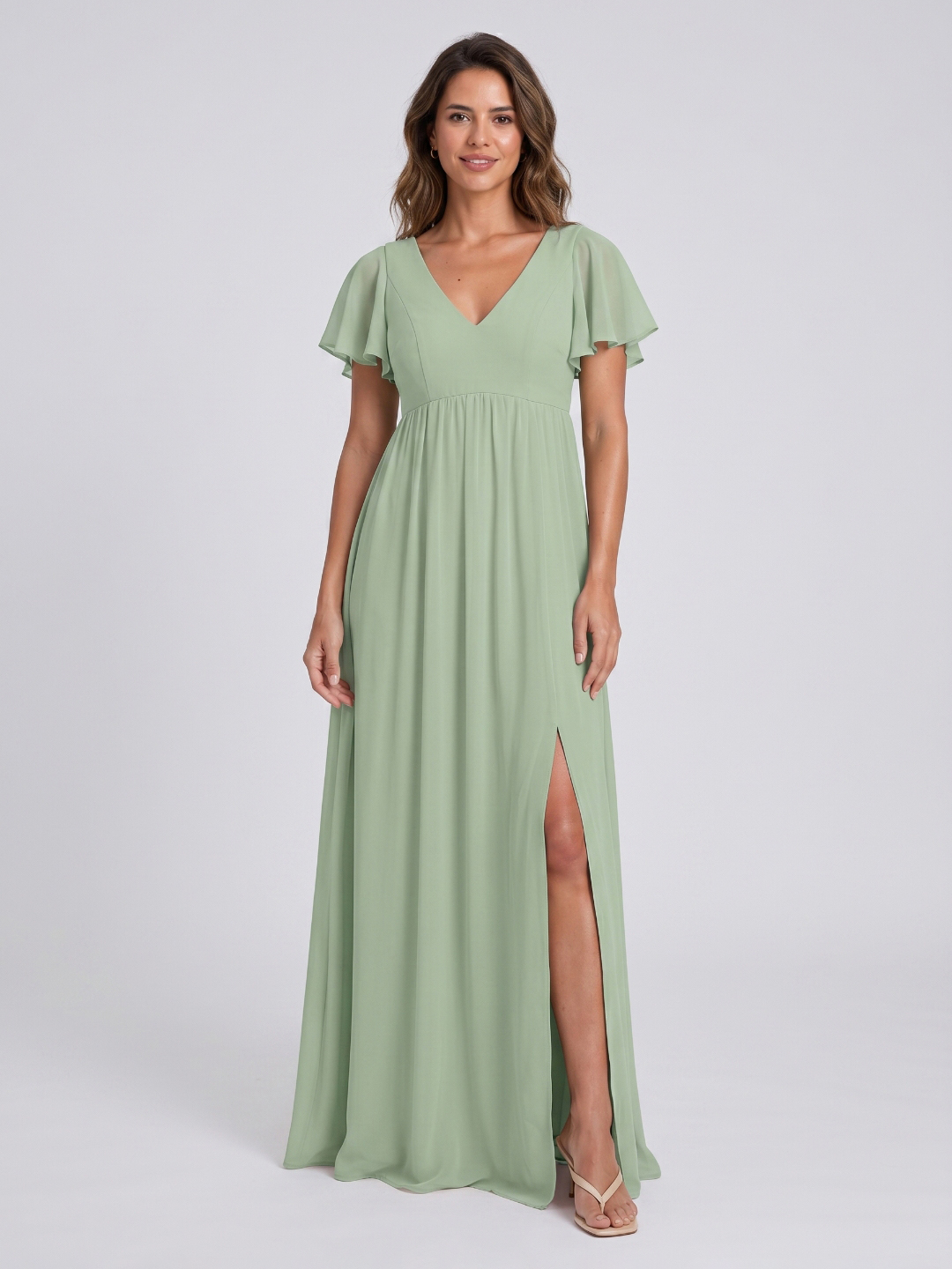 Dusty Sage Chiffon A-Line V-Neck V-Back Floor-Length Bridesmaid Dress with Pleating - Curvevia