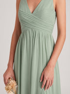 Dusty Sage Chiffon A-Line V-Neck V-Back Bridesmaid Dress with Pleating - Curvevia