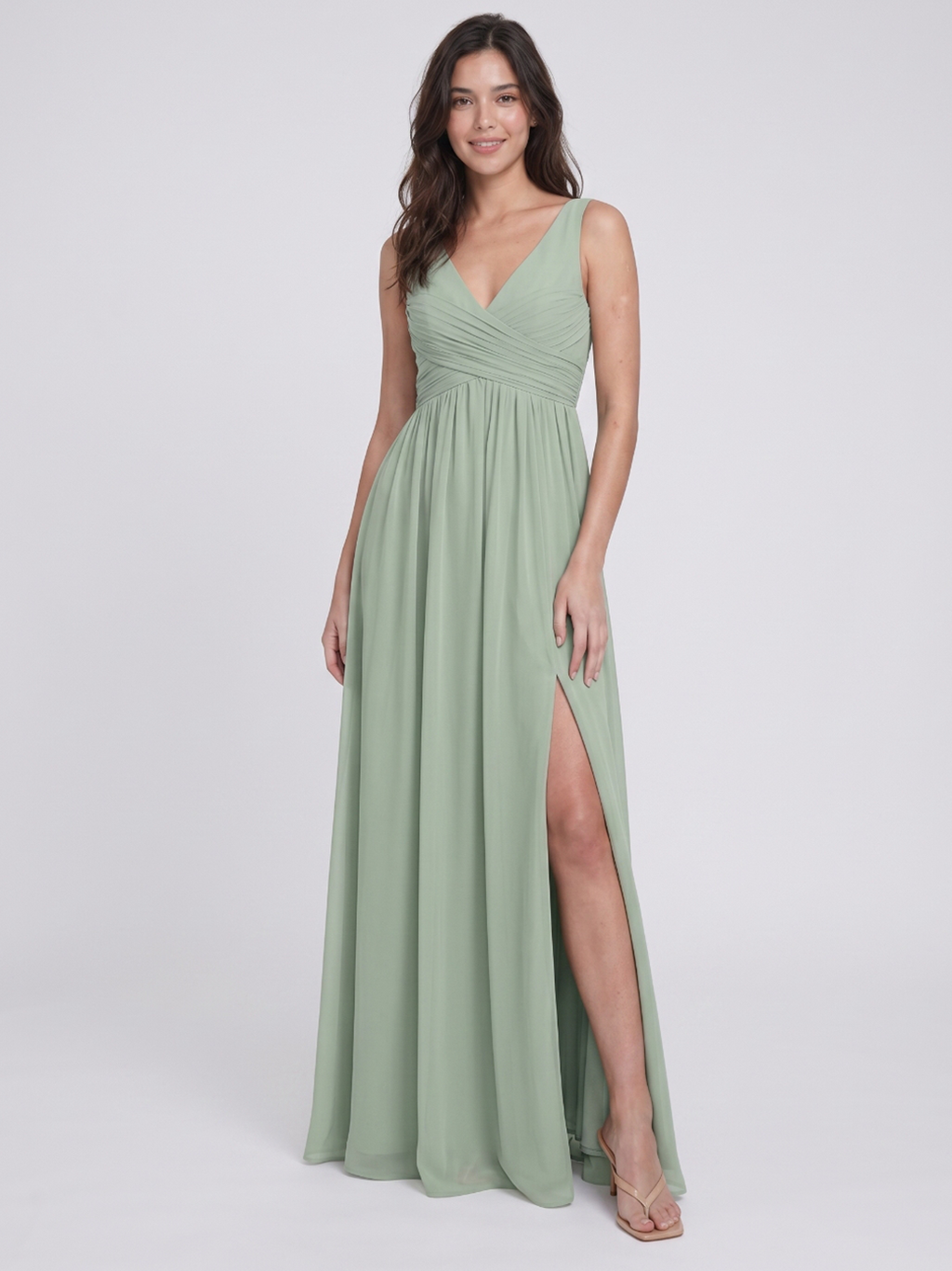 Dusty Sage Chiffon A-Line V-Neck V-Back Bridesmaid Dress with Pleating - Curvevia