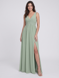 Dusty Sage Chiffon A-Line V-Neck V-Back Bridesmaid Dress with Pleating - Curvevia