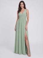 Dusty Sage Chiffon A-Line V-Neck V-Back Bridesmaid Dress with Pleating - Curvevia