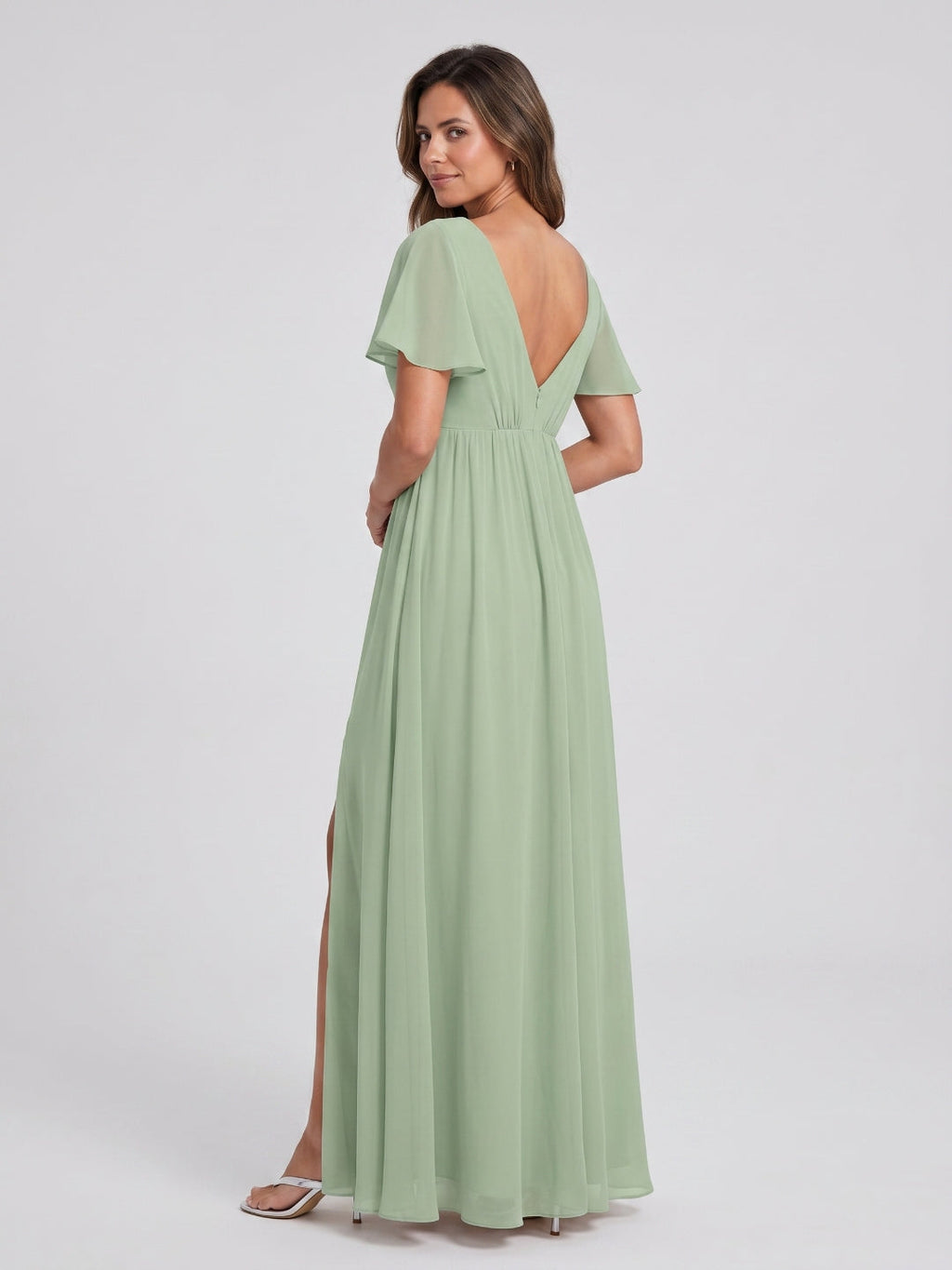 Dusty Sage Chiffon A-Line V-Neck V-Back Floor-Length Bridesmaid Dress with Pleating - Curvevia