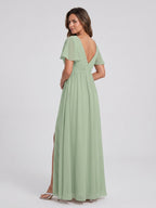 Dusty Sage Chiffon A-Line V-Neck V-Back Floor-Length Bridesmaid Dress with Pleating - Curvevia
