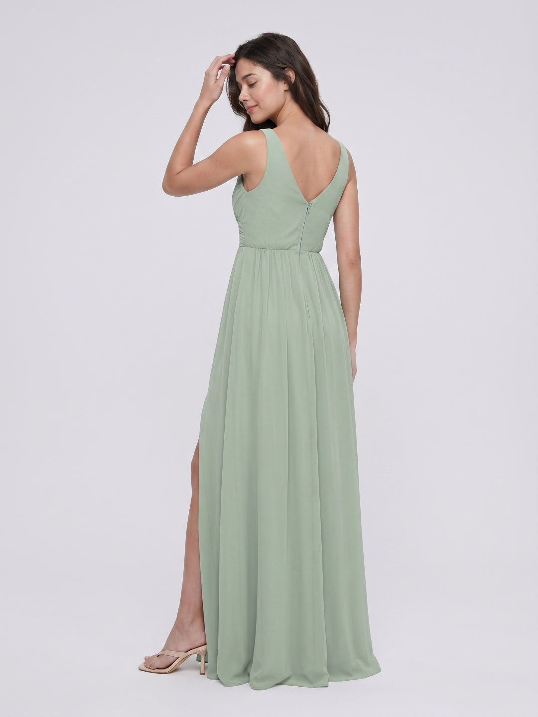 Dusty Sage Chiffon A-Line V-Neck V-Back Bridesmaid Dress with Pleating - Curvevia