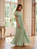 Dusty Sage Chiffon A-Line V-Neck V-Back Floor-Length Bridesmaid Dress with Pleating - Curvevia
