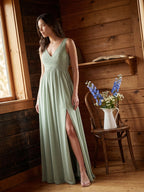 Dusty Sage Chiffon A-Line V-Neck V-Back Bridesmaid Dress with Pleating - Curvevia