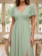 Dusty Sage Chiffon A-Line V-Neck V-Back Floor-Length Bridesmaid Dress with Pleating - Curvevia