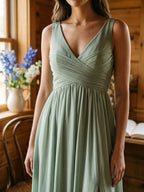 Dusty Sage Chiffon A-Line V-Neck V-Back Bridesmaid Dress with Pleating - Curvevia