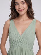 Dusty Sage Chiffon A-Line V-Neck V-Back Bridesmaid Dress with Pleating - Curvevia