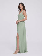 Dusty Sage Chiffon A-Line V-Neck V-Back Bridesmaid Dress with Pleating - Curvevia