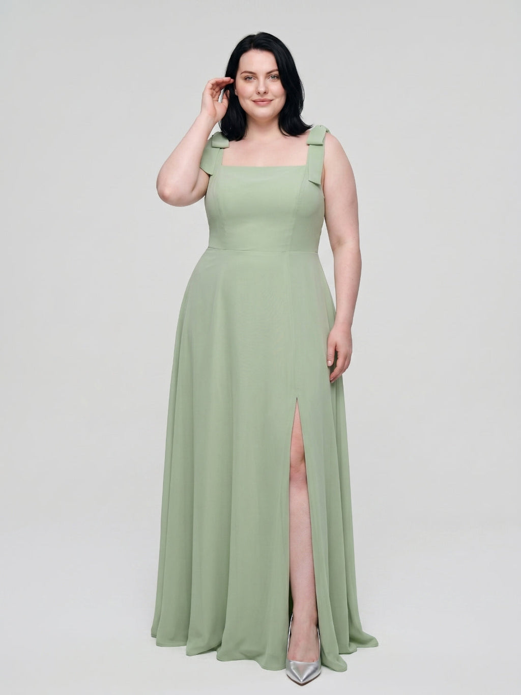 Dusty Sage Chiffon Square Neck Back Zip Bow A-Line Ankle-Length Plus Size Bridesmaid Dress - Curvevia