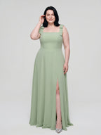 Dusty Sage Chiffon Square Neck Back Zip Bow A-Line Ankle-Length Plus Size Bridesmaid Dress - Curvevia
