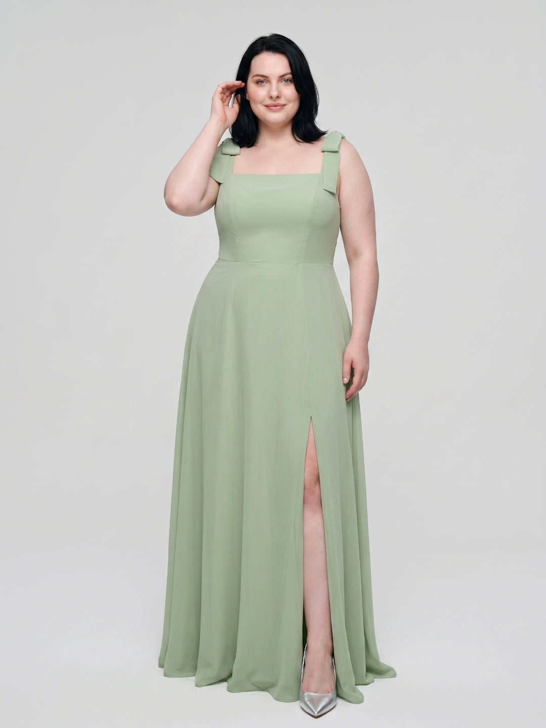 Dusty Sage Chiffon Square Neck Back Zip Bow A-Line Ankle-Length Plus Size Bridesmaid Dress - Curvevia