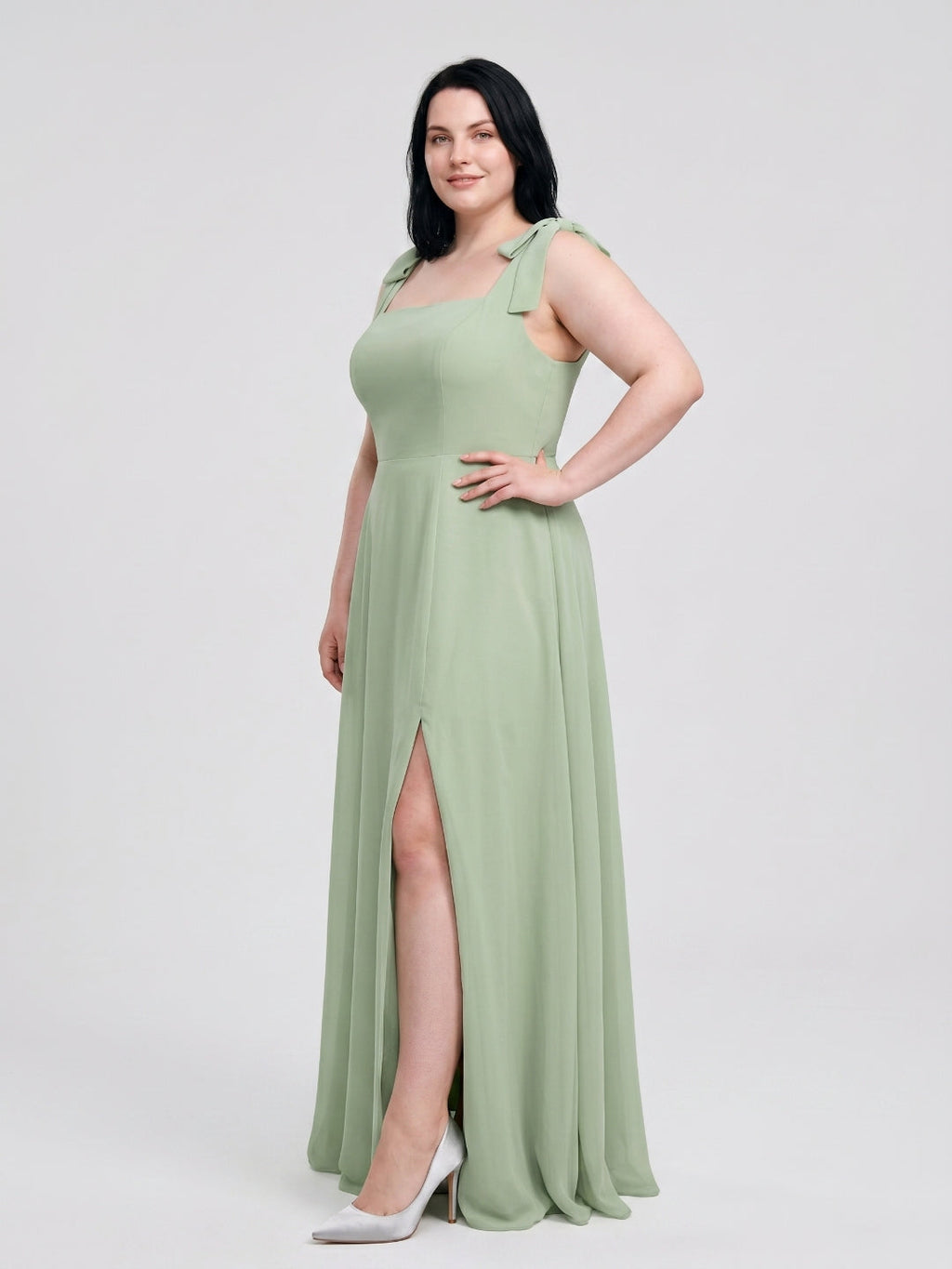 Dusty Sage Chiffon Square Neck Back Zip Bow A-Line Ankle-Length Plus Size Bridesmaid Dress - Curvevia