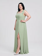 Dusty Sage Chiffon Square Neck Back Zip Bow A-Line Ankle-Length Plus Size Bridesmaid Dress - Curvevia