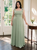 Dusty Sage Chiffon Square Neck Back Zip Bow A-Line Ankle-Length Plus Size Bridesmaid Dress - Curvevia