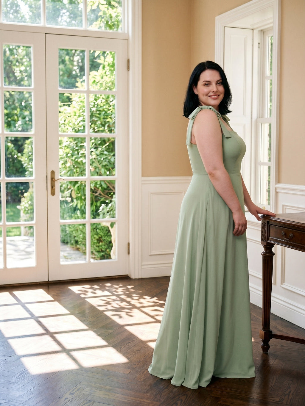 Dusty Sage Chiffon Square Neck Back Zip Bow A-Line Ankle-Length Plus Size Bridesmaid Dress - Curvevia