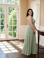 Dusty Sage Chiffon Square Neck Back Zip Bow A-Line Ankle-Length Plus Size Bridesmaid Dress - Curvevia