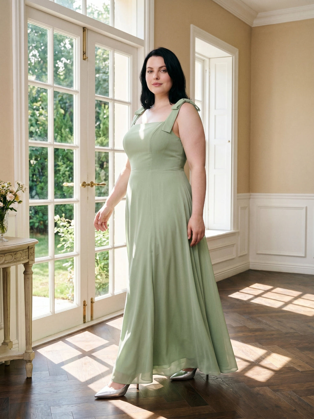 Dusty Sage Chiffon Square Neck Back Zip Bow A-Line Ankle-Length Plus Size Bridesmaid Dress - Curvevia