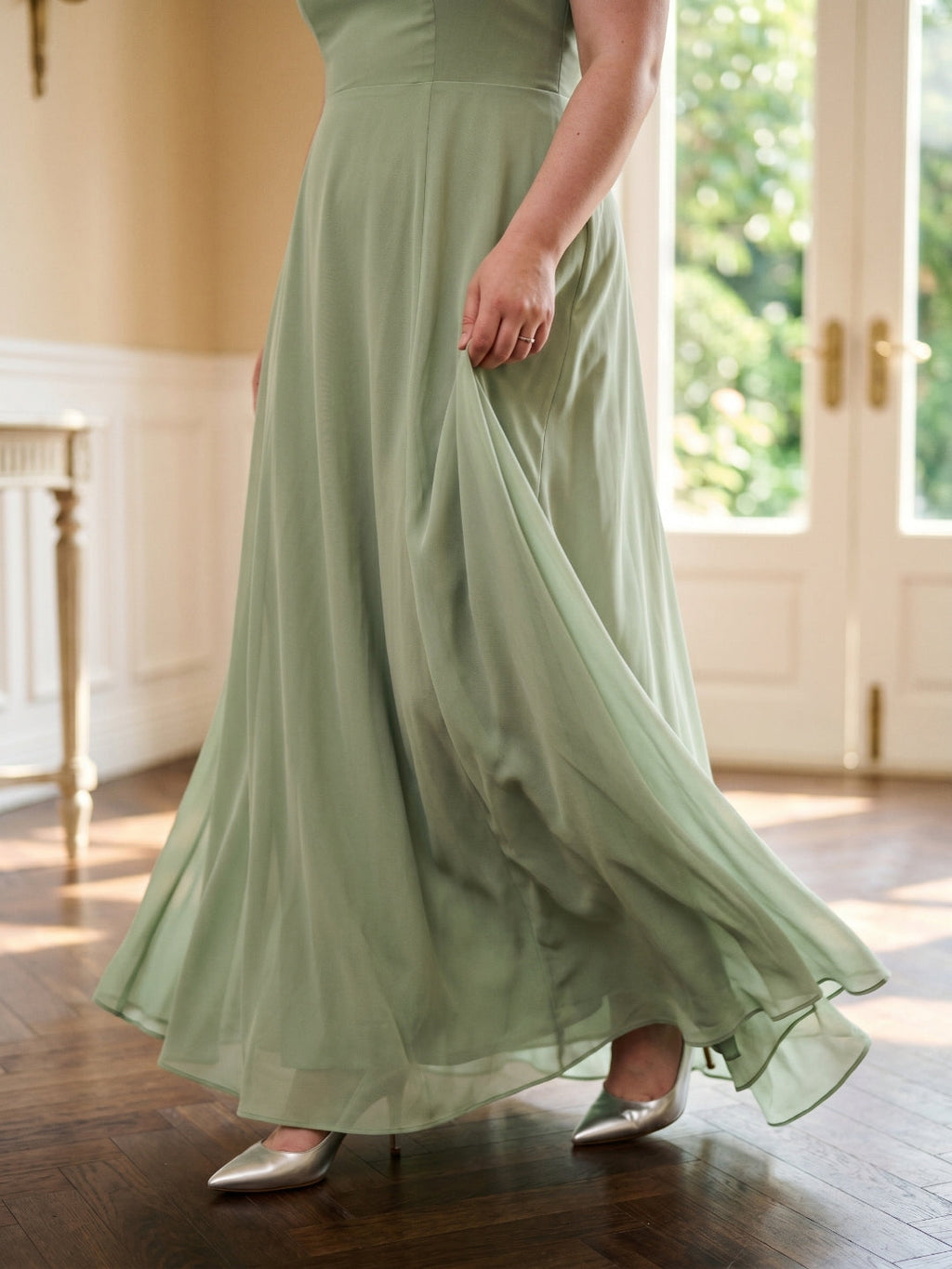 Dusty Sage Chiffon Square Neck Back Zip Bow A-Line Ankle-Length Plus Size Bridesmaid Dress - Curvevia