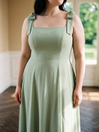 Dusty Sage Chiffon Square Neck Back Zip Bow A-Line Ankle-Length Plus Size Bridesmaid Dress - Curvevia