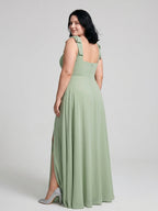 Dusty Sage Chiffon Square Neck Back Zip Bow A-Line Ankle-Length Plus Size Bridesmaid Dress - Curvevia