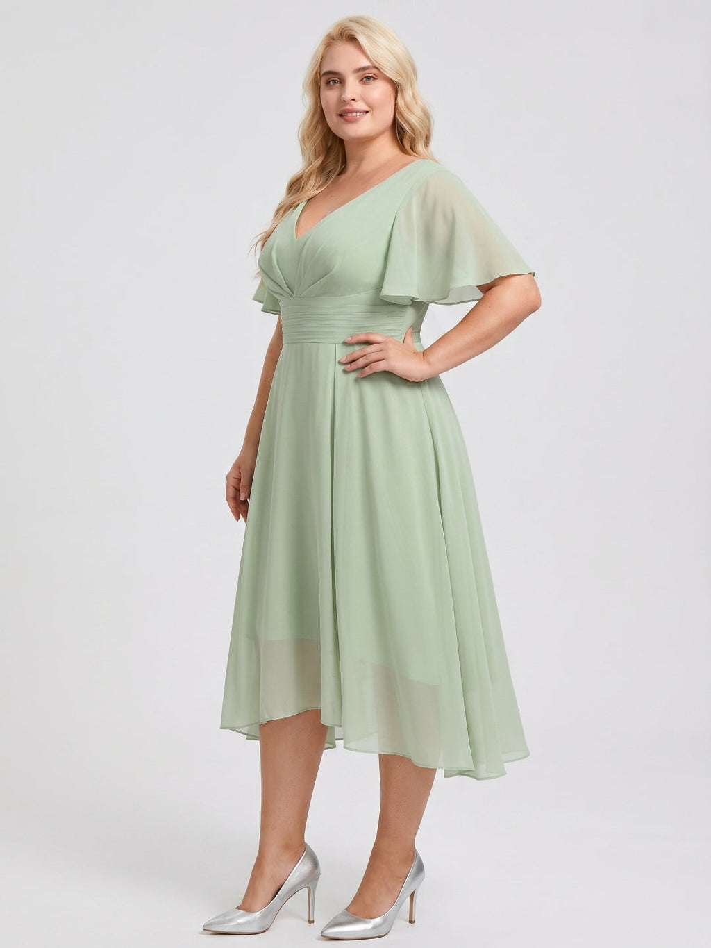 Dusty Sage Chiffon V-Neck Back Zip A-Line Knee-Length Plus Size Bridesmaid Dress - Curvevia