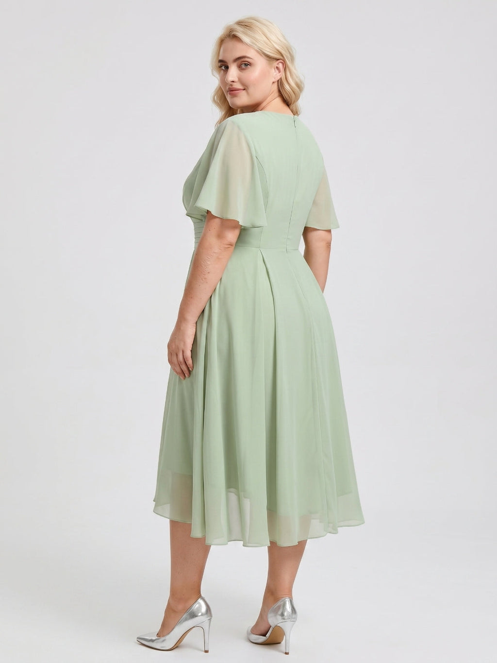 Dusty Sage Chiffon V-Neck Back Zip A-Line Knee-Length Plus Size Bridesmaid Dress - Curvevia