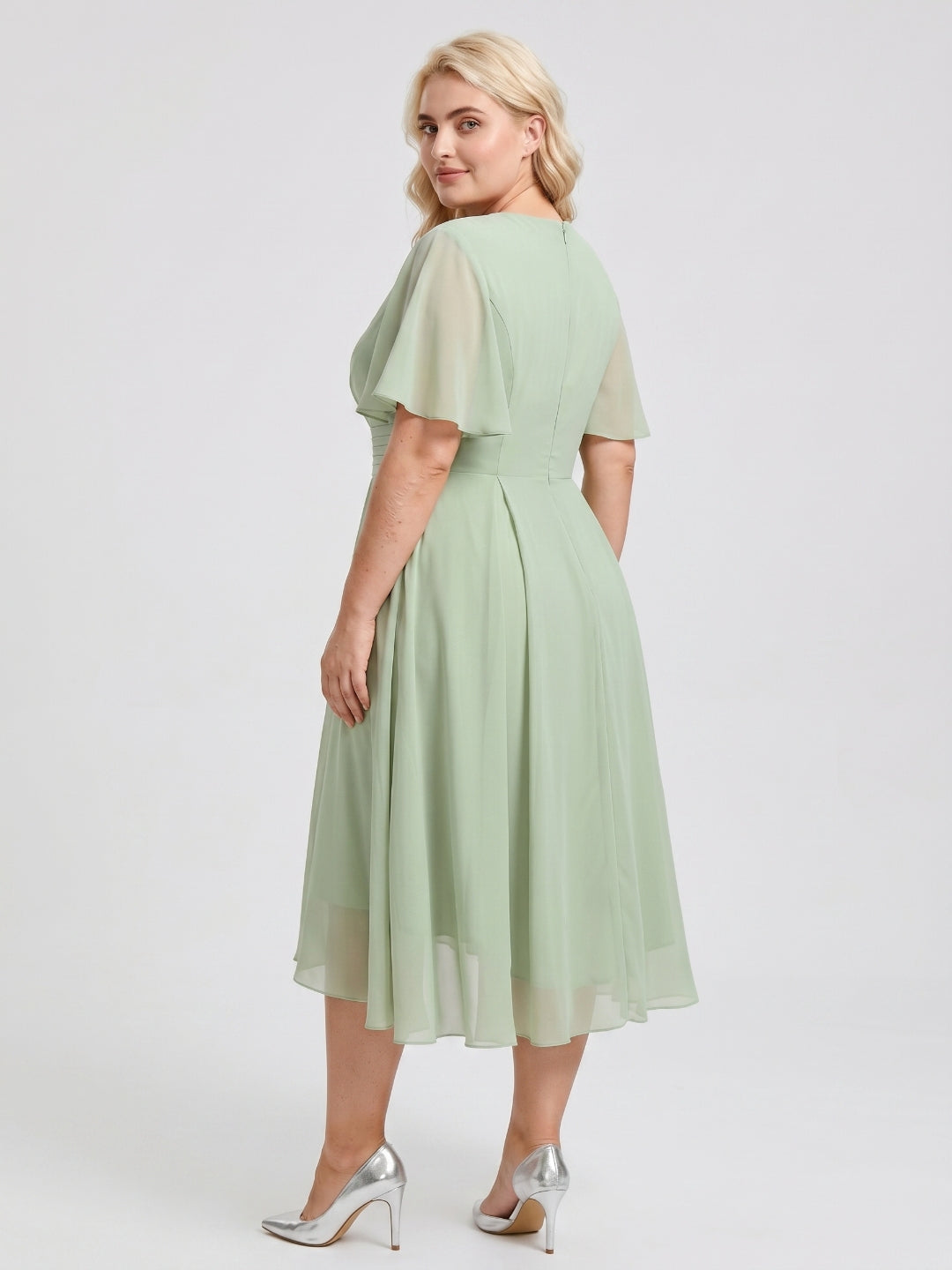 Dusty Sage Chiffon V-Neck Back Zip A-Line Knee-Length Plus Size Bridesmaid Dress - Curvevia