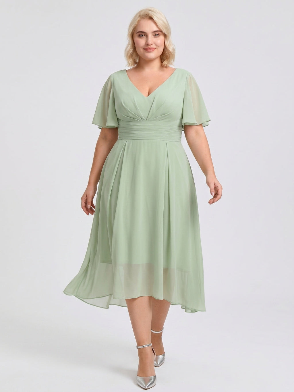 Dusty Sage Chiffon V-Neck Back Zip A-Line Knee-Length Plus Size Bridesmaid Dress - Curvevia