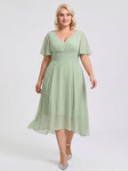 Dusty Sage Chiffon V-Neck Back Zip A-Line Knee-Length Plus Size Bridesmaid Dress - Curvevia