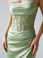 Dusty Sage Satin Column Straight Neck Back Zip Short Homecoming Dress with Sequins - Curvevia