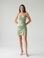 Dusty Sage Satin Column Straight Neck Back Zip Short Homecoming Dress with Sequins - Curvevia