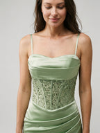 Dusty Sage Satin Column Straight Neck Back Zip Short Homecoming Dress with Sequins - Curvevia