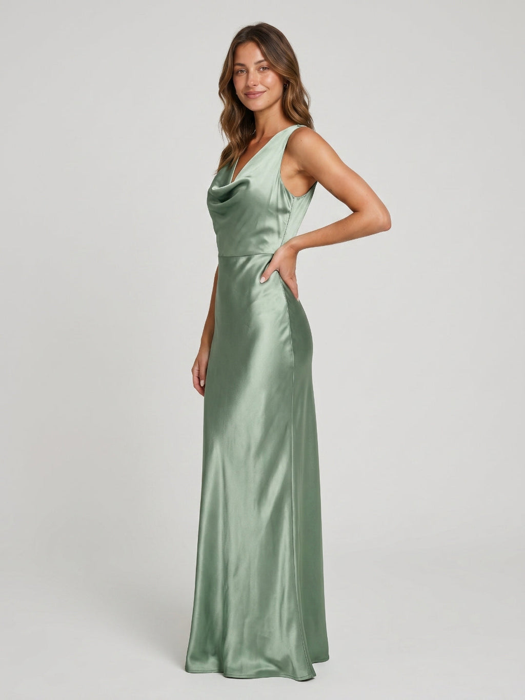 Dusty Sage Satin Sheath Cowl Neck Back Zip Floor-Length Bridesmaid Dress - Curvevia