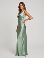 Dusty Sage Satin Sheath Cowl Neck Back Zip Floor-Length Bridesmaid Dress - Curvevia
