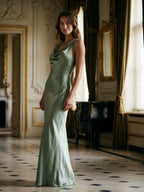 Dusty Sage Satin Sheath Cowl Neck Back Zip Floor-Length Bridesmaid Dress - Curvevia