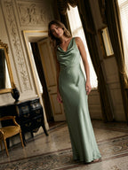 Dusty Sage Satin Sheath Cowl Neck Back Zip Floor-Length Bridesmaid Dress - Curvevia