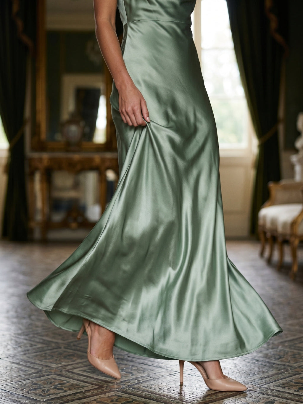Dusty Sage Satin Sheath Cowl Neck Back Zip Floor-Length Bridesmaid Dress - Curvevia