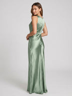 Dusty Sage Satin Sheath Cowl Neck Back Zip Floor-Length Bridesmaid Dress - Curvevia