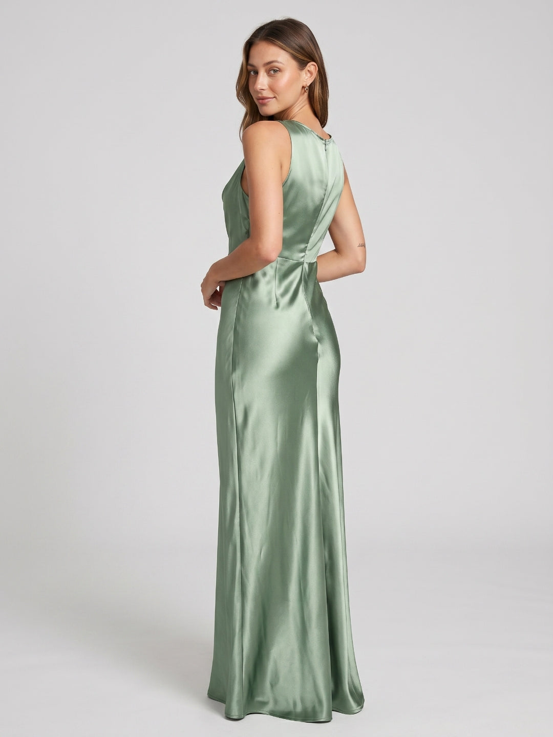 Dusty Sage Satin Sheath Cowl Neck Back Zip Floor-Length Bridesmaid Dress - Curvevia