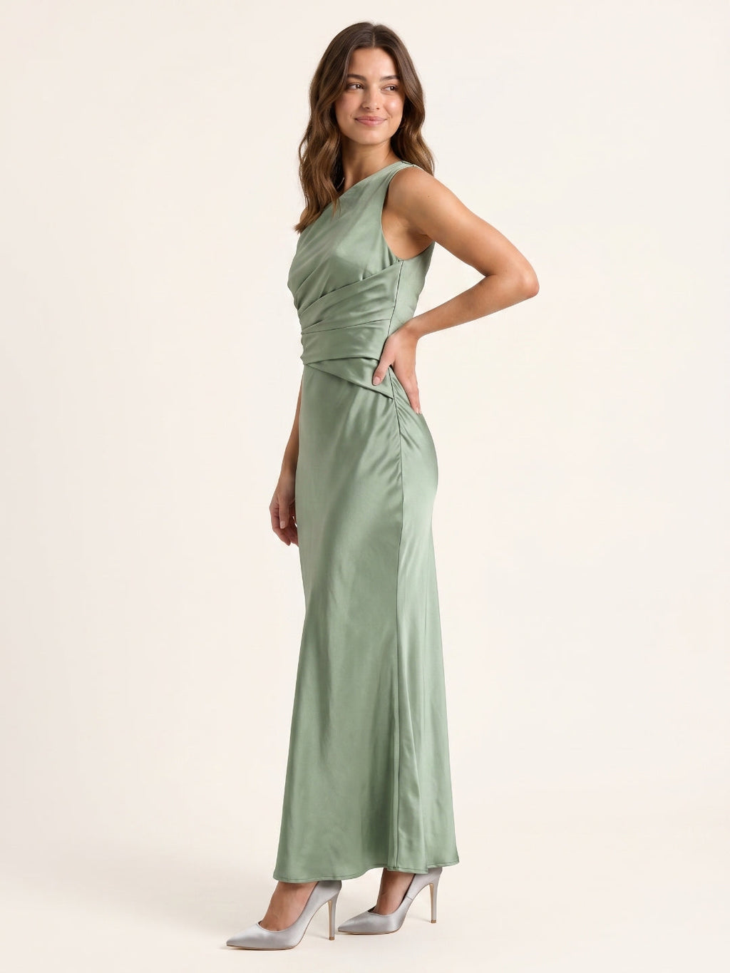Dusty Sage Satin Sheath Off-the-Shoulder Back Zip Ankle-Length Bridesmaid Dress with Pleats - Curvevia