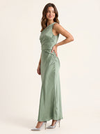 Dusty Sage Satin Sheath Off-the-Shoulder Back Zip Ankle-Length Bridesmaid Dress with Pleats - Curvevia
